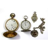 An 800 silver pocket watch with two silver fobs and chain and a further gold plated pocket watch.