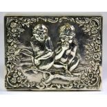 A hallmarked silver cigarette box with heavily embossed lid of a monkey sitting with a child, 12 x 9