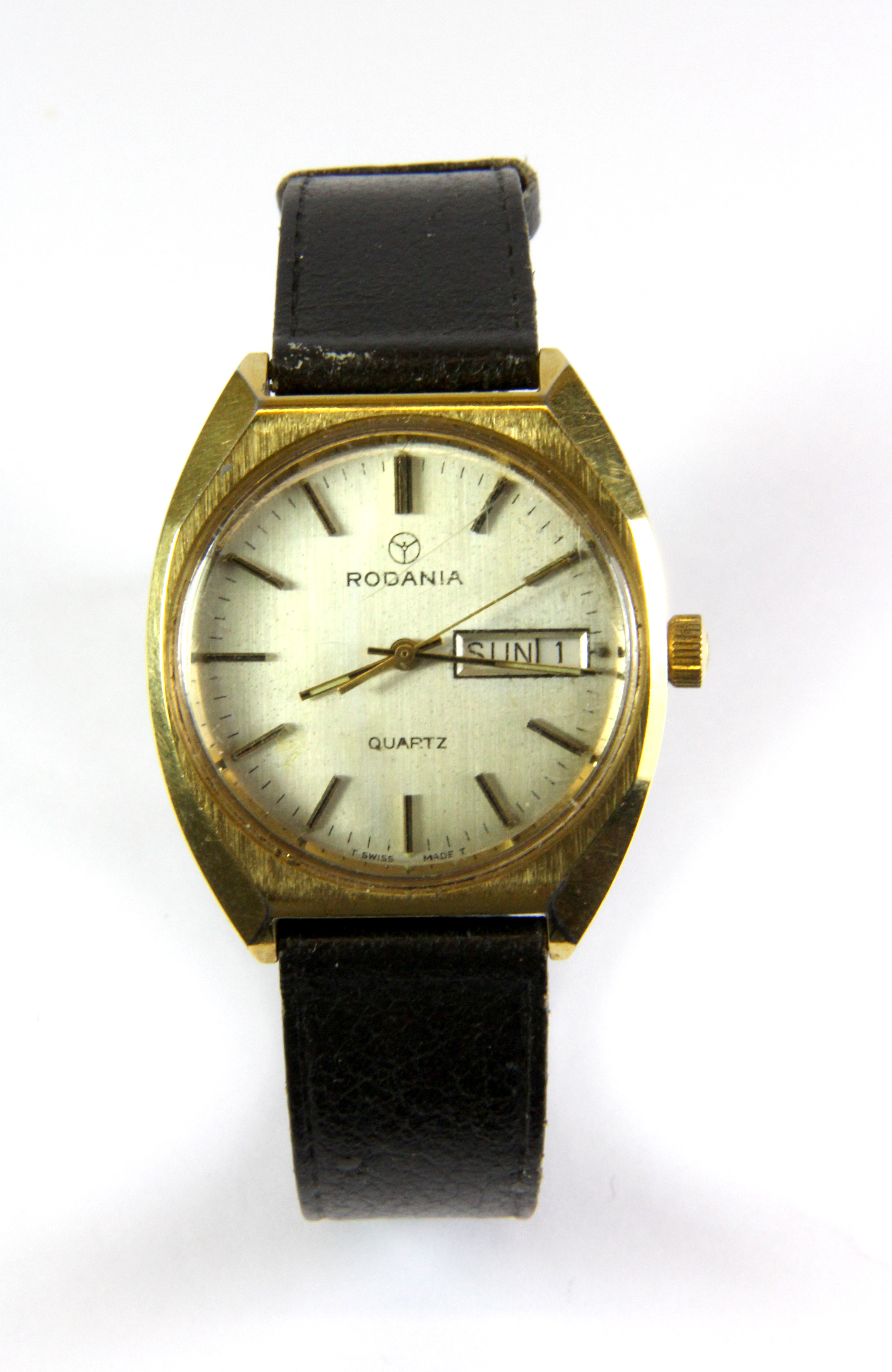 A gentleman's Rodania wristwatch on a leather strap.