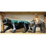 A large Canadian Blue Mountain pottery figure of a big cat, L. 60cm, with a 1950's chalk figure of