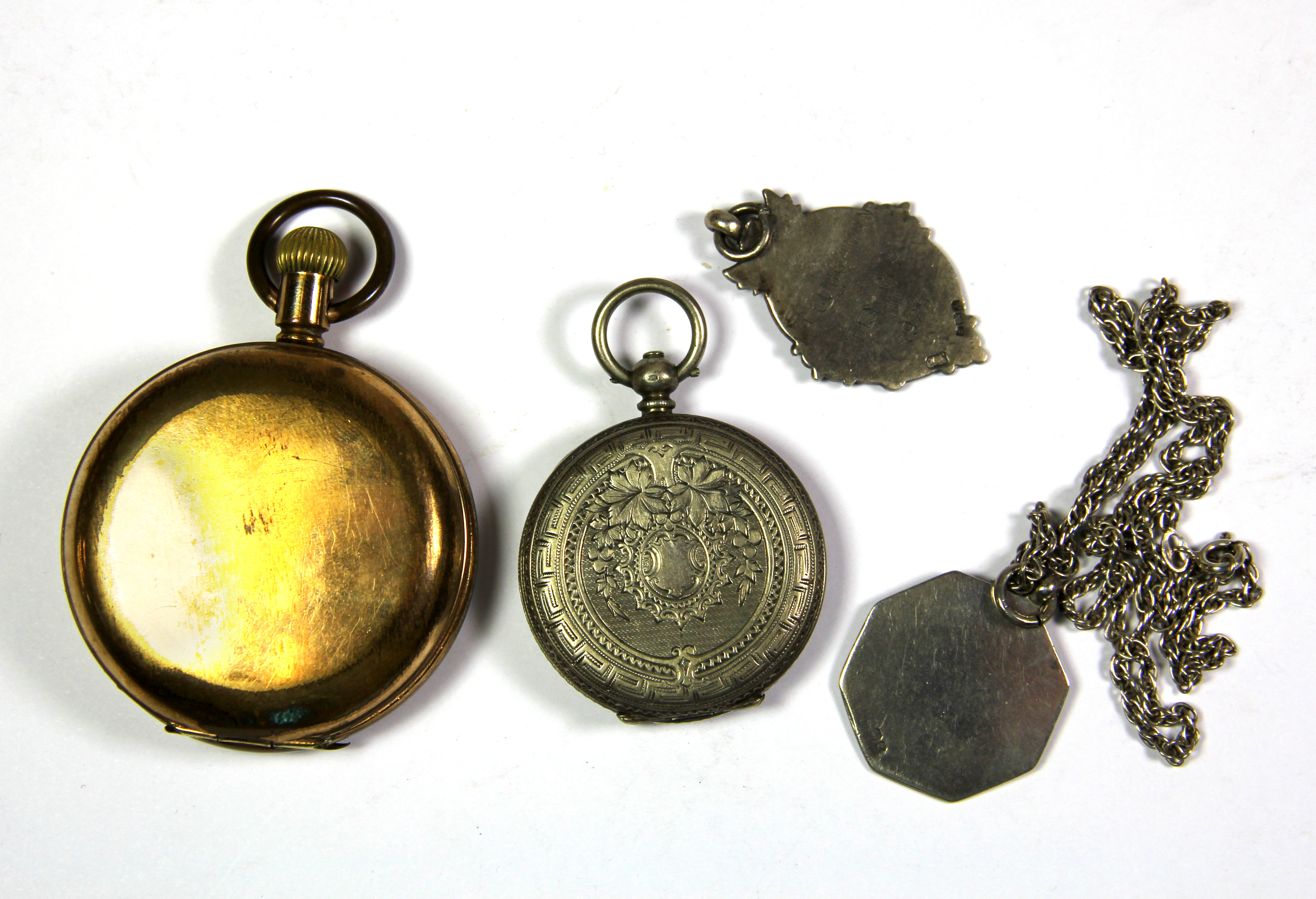 An 800 silver pocket watch with two silver fobs and chain and a further gold plated pocket watch. - Image 2 of 2