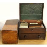 A Victorian mahogany workbox and contents with a further mahogany box.