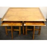 A large burr veneered coffe table and four side tables, 105 x 105 x 49cm.