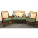 A superb three piece mahogany bergere suite by Simon Horne with silk cushions.