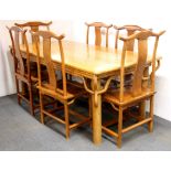 A superb Chinese Shanxi elmwood dinner table with six yoke back elm chairs. Table size 100 x 100 x