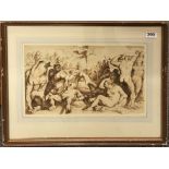 A framed sepia ink sketch (probably 18th century) of a group of naked figures in a classical