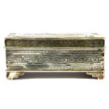 Islamic interest, an engraved Eastern white metal (tested silver) box with hinge lid. Size 16 x 8.