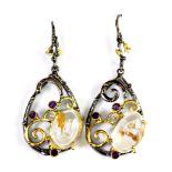 A pair of Hana Maae 925 silver gilt earrings set with ghost quartz and amethyst, L. 6cm.