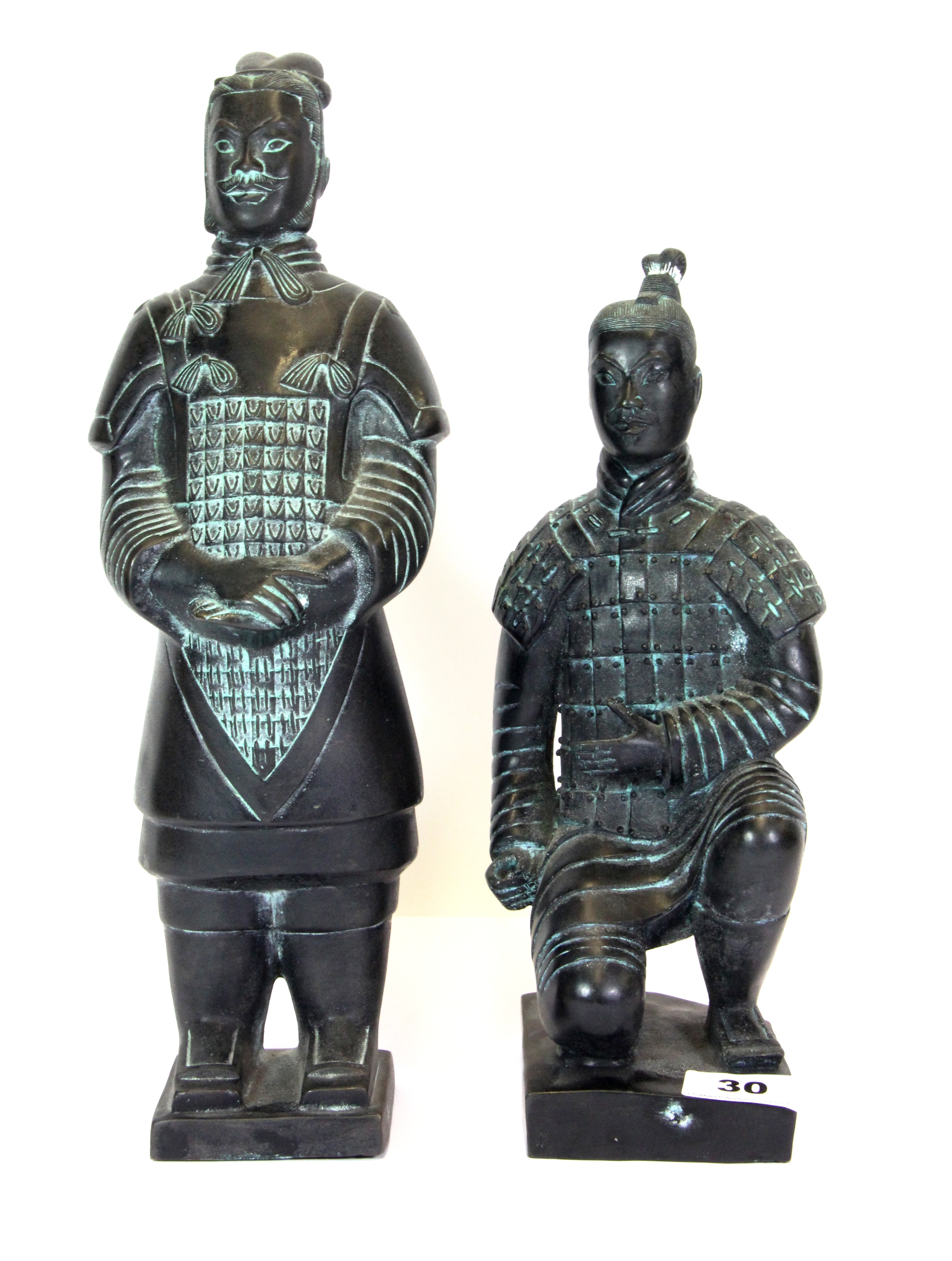 Two Chinese bronze figures of Terracotta warriors, Tallest. 36cms.