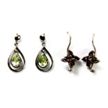 Three pairs of 925 silver stone set earrings.