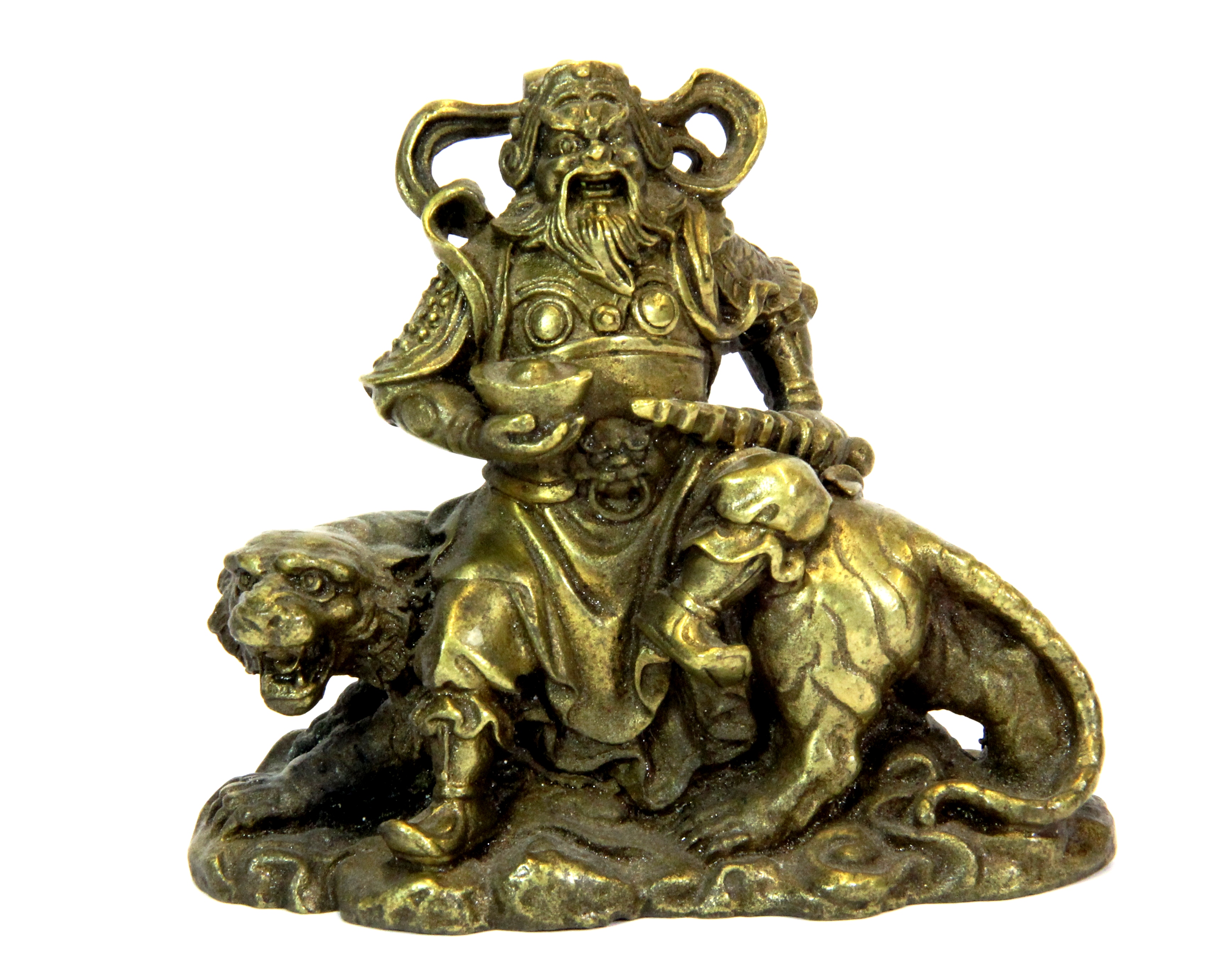 A small Chinese cast bronze figure of a guardian deity seated on a Tiger, H. 8cms.