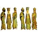 Two sets of continental painted wooden figures of the Three Kings, L.49cms.