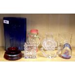 Six signed Scandinavian glass items, a Selkirk paper weight and a further Lustre glass bowl.