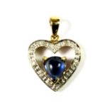 A 9ct yellow gold (stamped 375) sapphire and diamond set heart shaped pendant, L. 2cm.