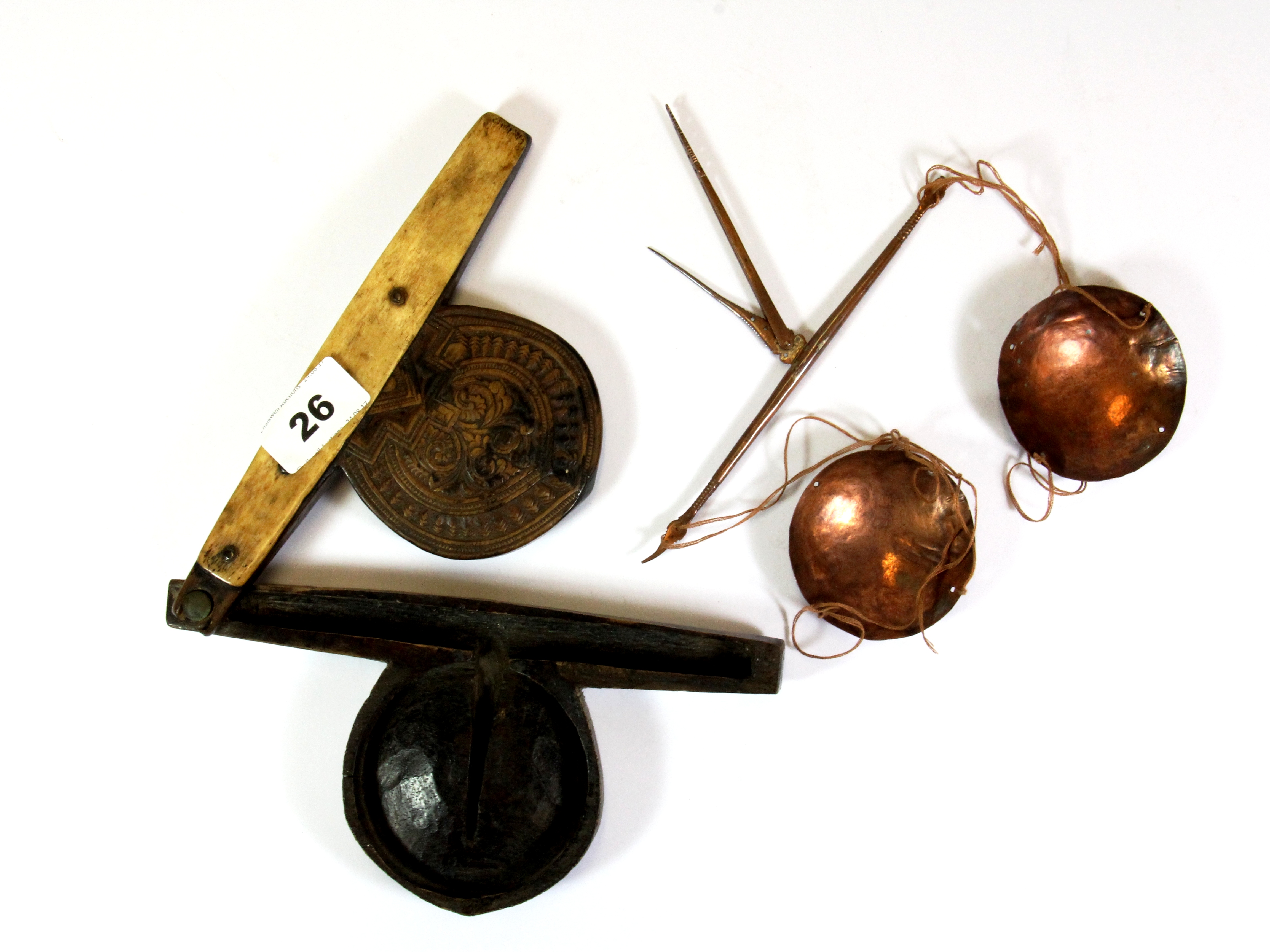 An early 20th century Tibetan carved wood, yak bone and copper spice/opium scale with carrying case, - Image 2 of 3