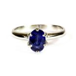 A platinum (stamped plat) ring set with an oval cut sapphire (approx. 1.14ct sapphire), (L.5).