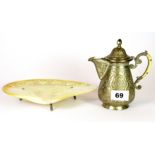 An Eastern white metal coffee pot, H. 14cms together with a carved shell and silver plated dish.