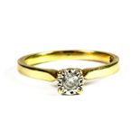 A 9ct yellow gold diamond solitaire ring, (K).