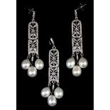 A beautiful suite of 925 silver stone set drop earrings and pendant set with pearls, L. 5.4cm.