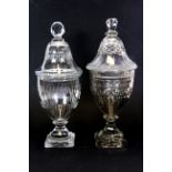 Two early cut crystal jars and lids (possibly Irish), H. 32cms (both A/F).