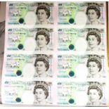 A Bank of England issued sheet of 8 un-cut £5 notes.