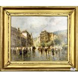 A gilt framed oil on canvas Paris scene in the rain, Size. 64 x 55cms, (with indistinct signature).