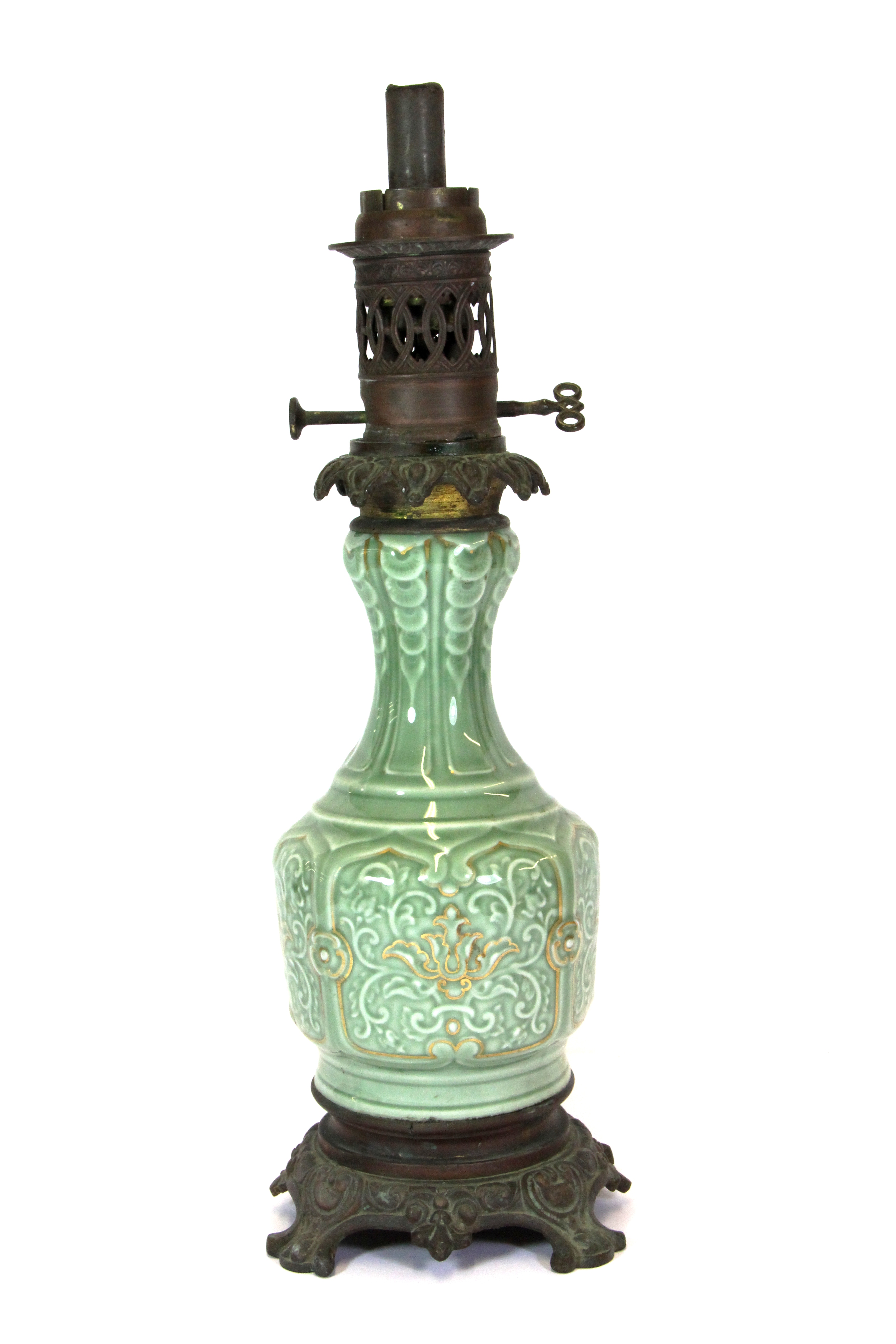 A 19th century Chinese celadon glazed and gilt porcelain vase, mounted in 19th century as a French