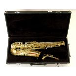 A cased saxophone.