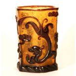 An unusual hexagonal Chinese Peking carved cameo glass two colour brush pot, H. 11cm.