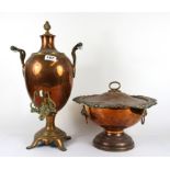 A 19th century copper and brass samovar with milk glass handles (H. 46cm) and a copper tureen.