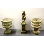 A pair of old cast concrete garden urns (H. 46cm), with a cast concrete figure and plinth.