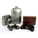 A leather cased pair of Harrods WWI period field binoculars, a pewter flask and a pair of opera