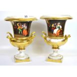 A pair of 19th century hand painted and gilt continental urns, H. 28cm.