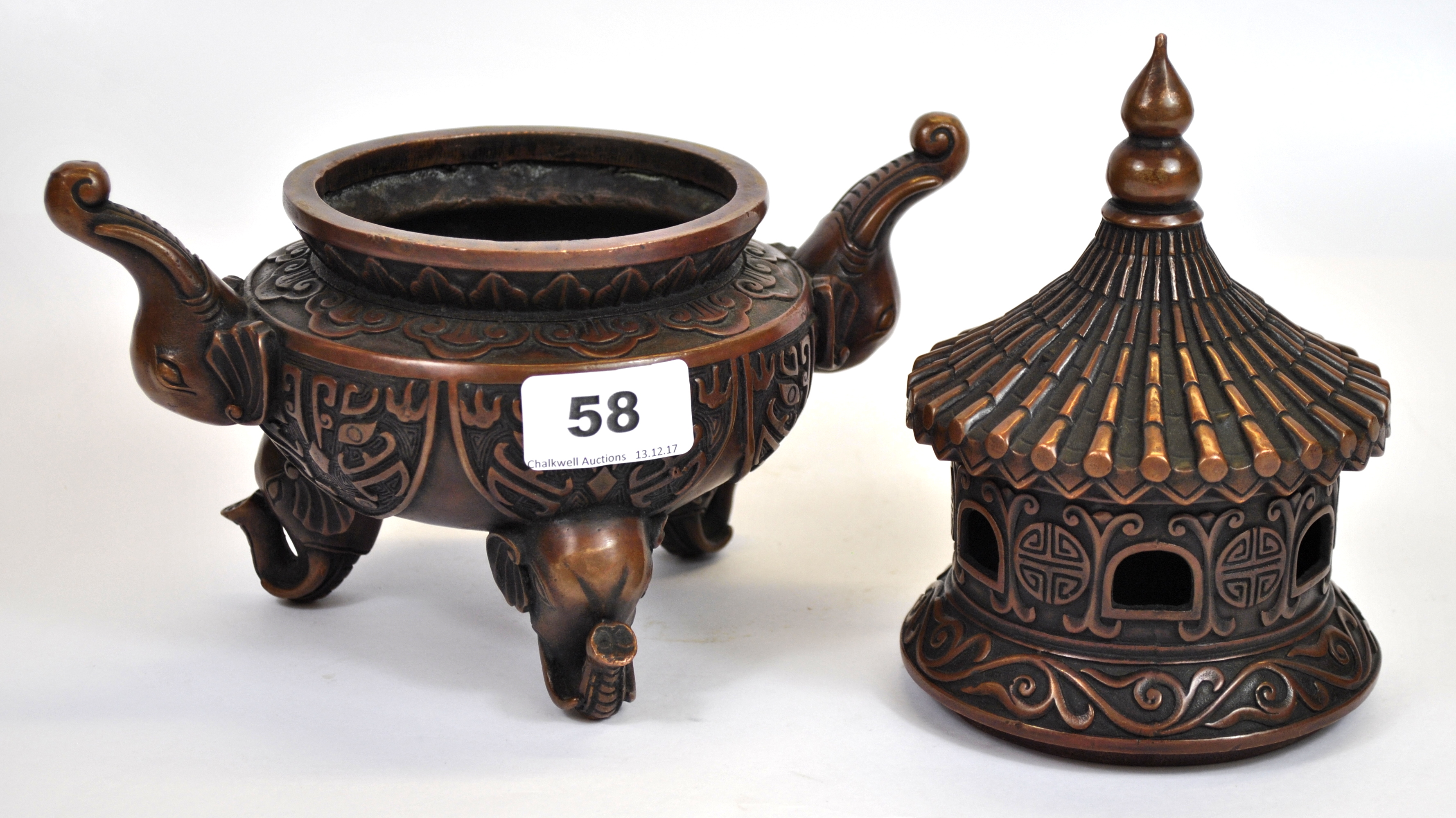 A good quality Chinese cast bronze pagoda censer with elephant head handles and feet, H. 26cm. - Image 2 of 3