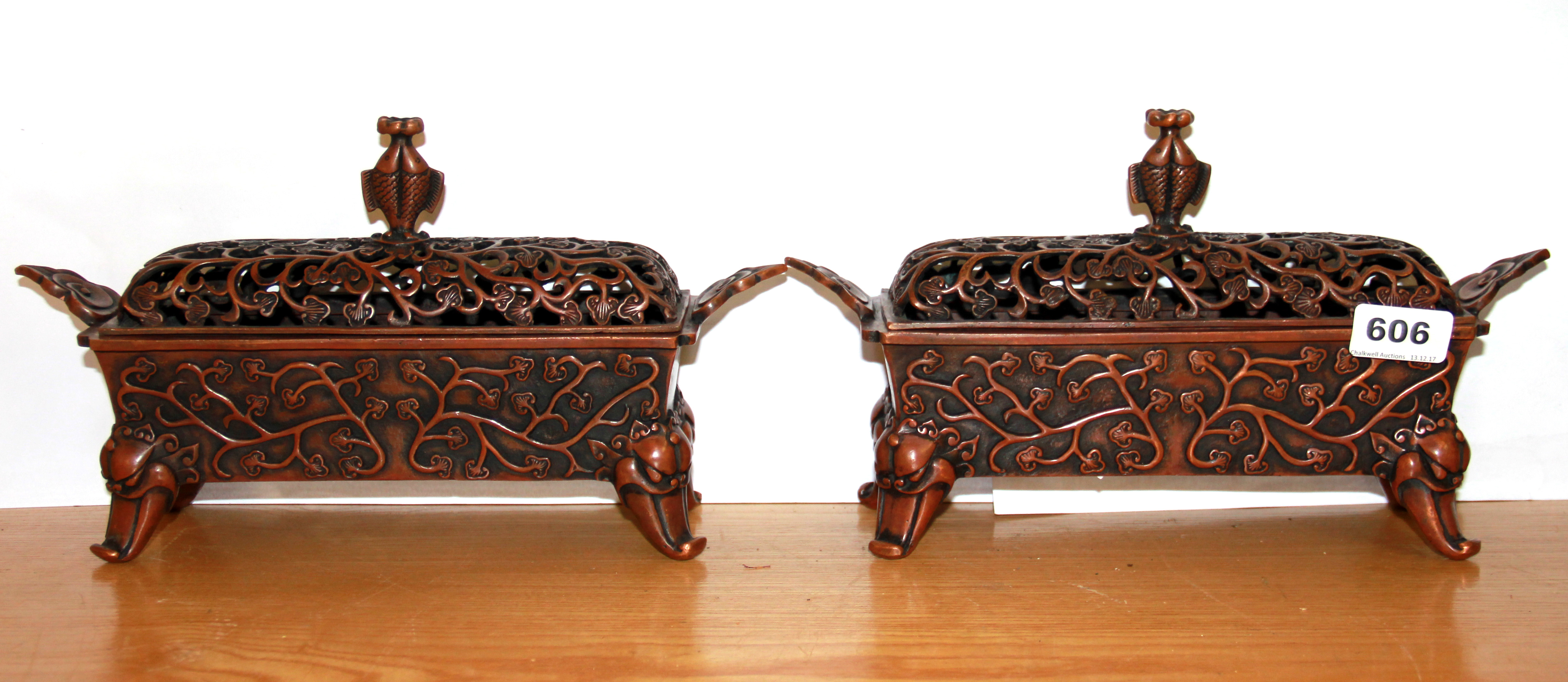 A pair of lovely quality Tibetan bronze censers with elephant head feet and double fish handles,