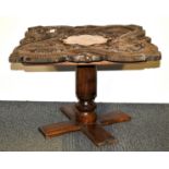 A mid 20th century Straits Chinese carved hardwood dragon table on a later base, 52 x 52 x 38cm.