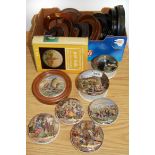 A collection of Victorian Prattware pot lids and display frames.