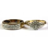 Two 9ct yellow gold diamond set rings, (M).