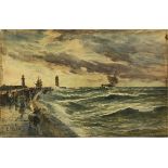 An unframed 19thC watercolour sketch on artists board of a rough sea off Whitby signed E. Ellis,