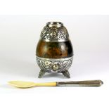 An Argentinian .800 silver mounted mate gourd together with a silver handled bone spoon.