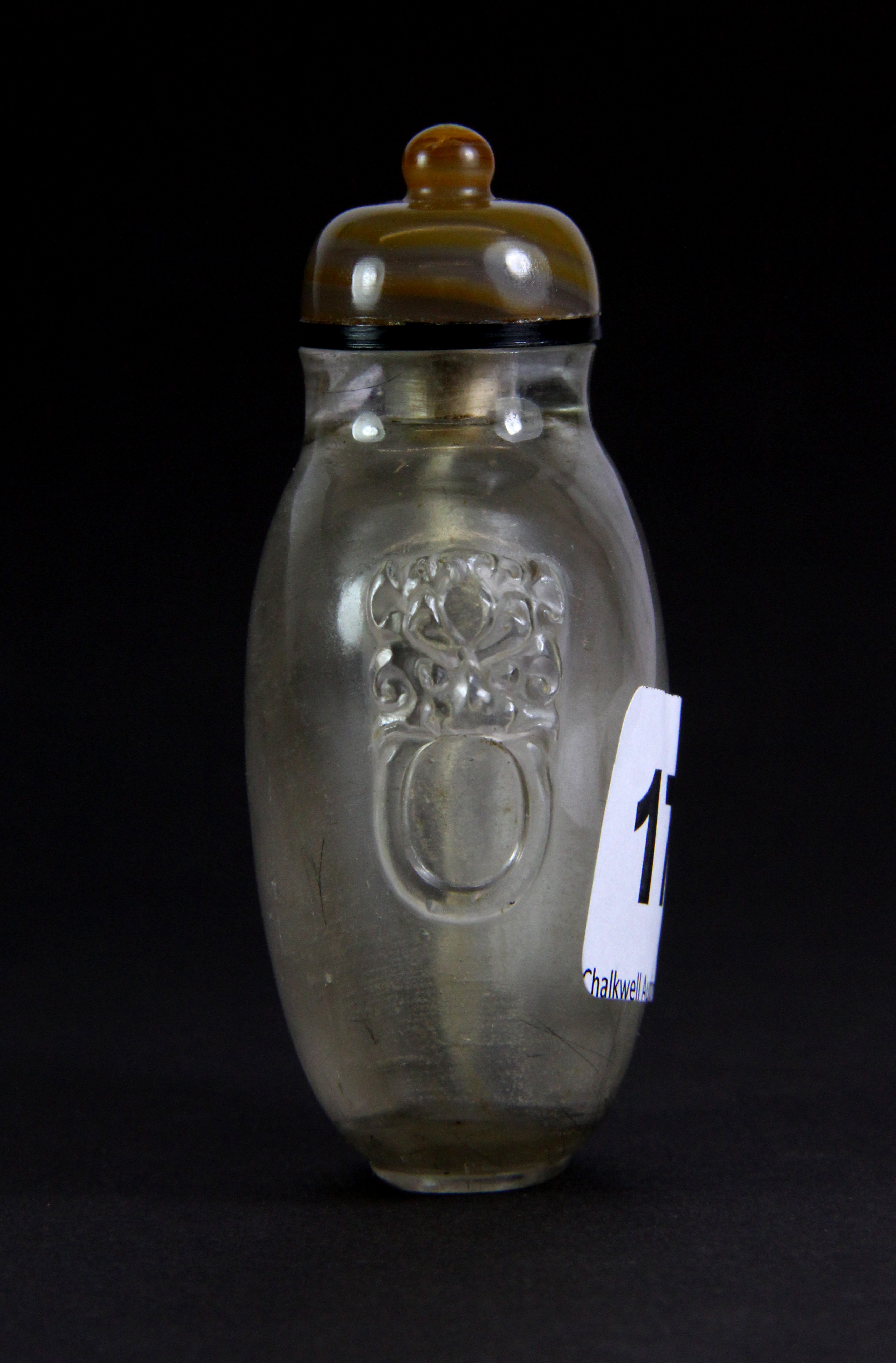 A Chinese carved rutile quartz snuff bottle with lion ring side decoration and banded agate - Image 2 of 2