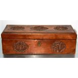 A 19th / early 20th century Chinese carved walnut wood glove box decorated with scenes of court