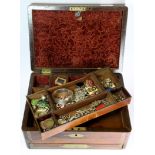 A Victorian brass inlaid rosewood workbox and jewellery contents.