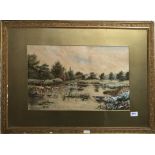 A gilt framed 19th century watercolour of Maple Durham on the Thames by Annie Hickman 1887, 82 x