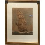 A gilt framed lithograph of "Old Ironsides in Chase", published 1929 after Harold Wyllie, 50 x