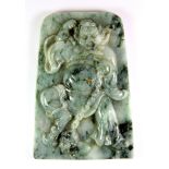A fine Chinese 19th century / early 20th century mixed colour jadeite jade panel of a guardian