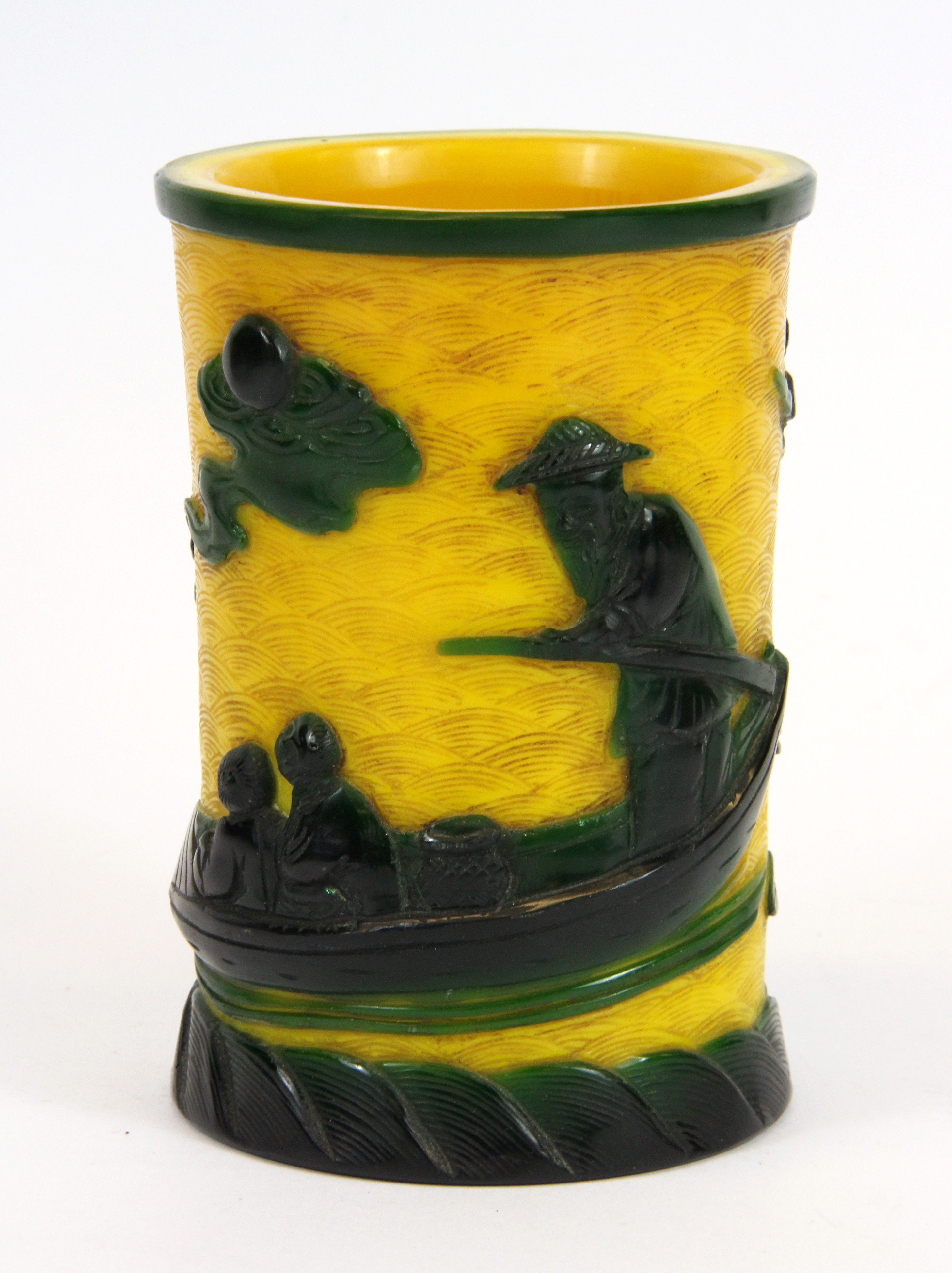 A 19th / early 20th century Chinese two colour Peking glass brush pot in Imperial yellow and