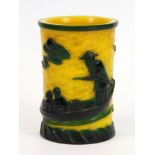 A 19th / early 20th century Chinese two colour Peking glass brush pot in Imperial yellow and