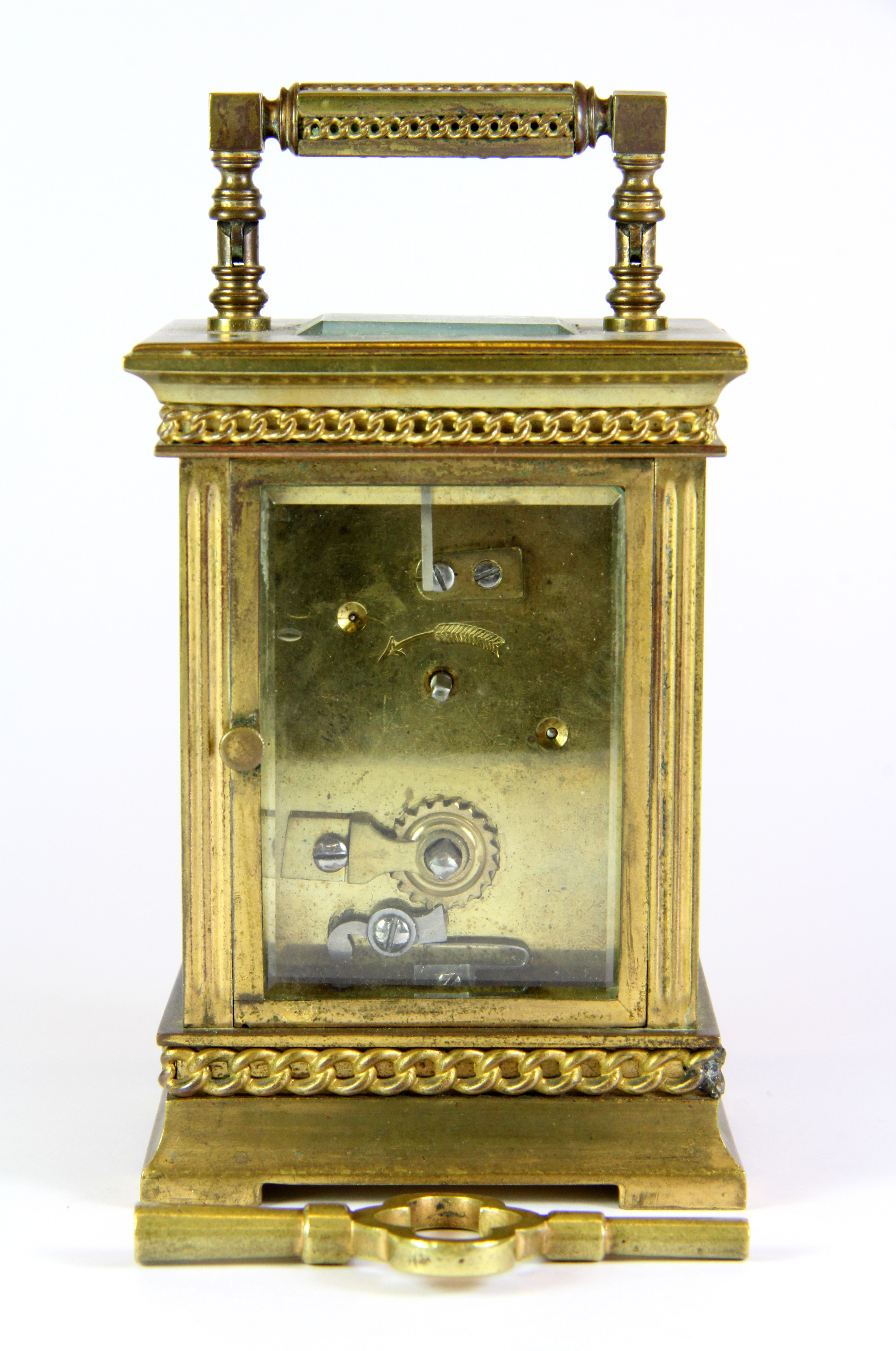 An early 20th century French gilt brass carriage clock with key, H. 14cm. - Image 3 of 3