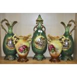 A three piece Victorian china garniture and pair of Victorian vases, tallest H. 45cm.